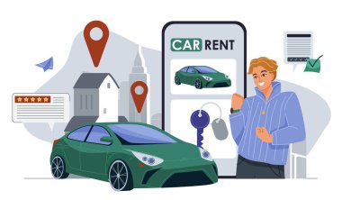 Adam araba kiralıyor. Araba ve akıllı telefonun yanında anahtarı olan genç bir adam. Ulaşım kredisi. Araba paylaşımı ve ortak servis. Otomobil satıcılığı başvurusu. Ulaşım ve otomobil. Düz vektör illüstrasyonu