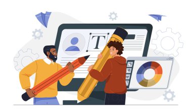 Grafik tasarımcıları takımı. Bilgisayar ekranının yanında kalemleri olan adamlar. Dijital sanatçılar web siteleri için arayüz elementleri oluşturuyorlar. UI ve UX tasarımı. Düz vektör illüstrasyonu