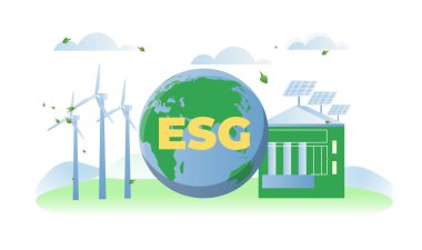 Çevresel, sosyal ve yönetim. ESG kavramı. Sorumluluk sahibi iş ve çevre dostu üretim. Etik ve ahlak. Çevreyle ve ekolojiyle ilgilenmek. Düz vektör illüstrasyonu