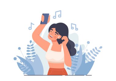 Müzik dinleyen bir kadın. Akıllı telefonları ve kulaklıkları olan genç bir kız en sevdiği melodileri dinliyor. İnsan radyoda dans eder. Eğlence ve rahatlık. Düz vektör illüstrasyonu