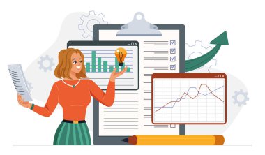 İlerleme konsepti. Elinde ampul ve kalemle gezen kadın grafikleri ve çizelgeleri değerlendiriyor. İş geliştirme değerlendirmesi. Yatırım ve ticaret. Düz vektör illüstrasyonu