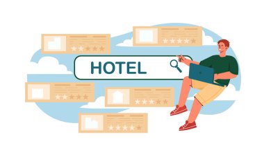 İnternette otel arayan bir adam. Laptoplu genç adam otelleri değerlendiriyor. Turistler ve turistler için başvuru formu. İnternette kiralık oda. Tatil ve tatil. Düz vektör illüstrasyonu