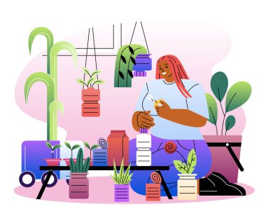 Kadınlar plastiği geri dönüştürür. Plastik şişelerden tencere kesen makaslı genç bir kız. Bahçede ve serada bir kişi. Çevreye ve ekolojiye önem ver. Düz vektör illüstrasyonu