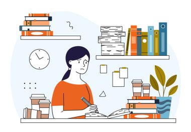 Kız çok çalışıyor. Öğrenci ödev yapar, sınav ya da sınava hazırlanır. Sıkılmış ve stresli bir çocuk. Mutsuz çocuk ders çalışıyor. Eğitim ve öğrenim. Doğrusal vektör çizimi