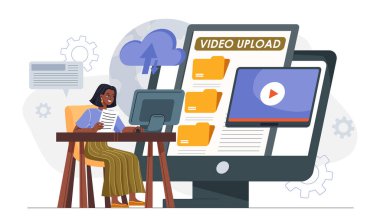 Kadın video yüklüyor. Bilgisayardaki genç kız dosyaları bulut servisine yüklüyor. Belgeleri internette değiş tokuş ediyoruz. Blogcu içeriği video sunuculuğuna yükler. Düz vektör illüstrasyonu