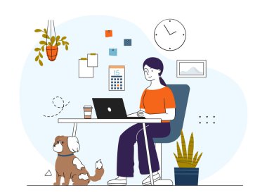 Evden çalışan bir kadın. Dizüstü bilgisayarda oturan ve iş yapan bir kız. Rahat bir iş yerinde serbest çalışan ve uzaktan çalışan biri. İş kadını internetten para kazanıyor. Doğrusal vektör çizimi