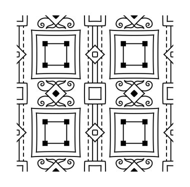 Kareli soyut geometrik desen ve beyaz arkaplanda siyah çizgiler halinde simetrik girdaplar. Etnik tasarım kavramı. Vektör illüstrasyonu