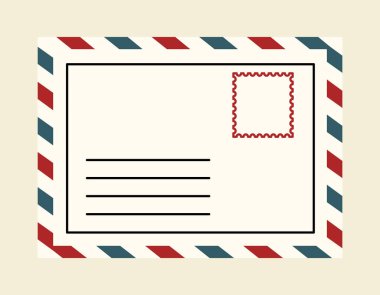 Kırmızı ve mavi havayolu kenarlı klasik kartpostal tasarımı, boş adres çizgileri ve bej arka planda pul ana hatları. Geleneksel posta kavramı. Vektör illüstrasyonu