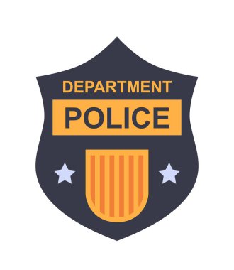 Polis teşkilatı rozeti ve rozeti beyaz arka planda yasaları ve kamu güvenliğini sembolize ediyor. Vektör illüstrasyonu