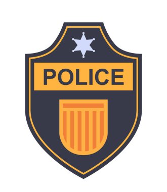 Beyaz arka planda yıldız sembolü ve kalkan tasarımı olan yasaları temsil eden düz stil polis rozeti. Vektör illüstrasyonu