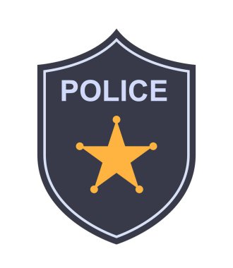 Siyah polis rozeti, sarı yıldız ve kalın POLICE yazılı beyaz arka planda. Kolluk kuvvetleri, otorite ve güvenlik kavramı. Vektör illüstrasyonu