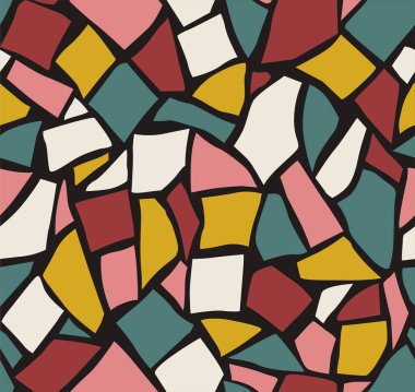 Siyah arkaplanda kırmızı, sarı, pembe, yeşil ve krem renginde düzensiz şekilleri olan soyut geometrik mozaik desen. Sanatsal dekor kavramı. Vektör illüstrasyonu
