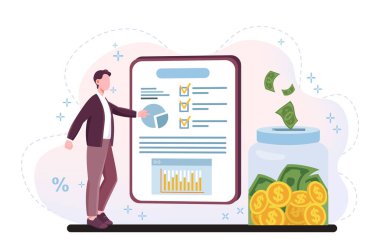 Finansal faaliyetleri analiz et. İstatistiklere ve bankalara yakın banknotları ve paraları olan bir adam. Mali okur yazarlık, gelir ve gider değerlendirmesi. Yatırımcı ya da girişimci. Düz vektör illüstrasyonu