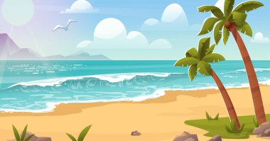 Deniz sahili manzarası. Kumsalda, deniz kenarında palmiye ağaçları ve dağ siluetleri. Tropik ada, egzotik gün manzarası. Çok güzel doğal bir manzara. Çizgi film vektör illüstrasyonu