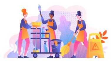 Temizlik işçileri. Üniformalı kadınlar temizlik ürünleri, kova ve paspas, sünger ve fırçayla. Temizlik ve hijyen. Rutin ve ev işleri. Düz vektör illüstrasyonu