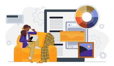 Tasarım ekibi konsepti. Web sitesine yakın bir kadın ve renkli bir palet. Freelancer arayüzü geliştirir. Grafik tasarımcısı web sitesi için elementler geliştirir. Düz vektör illüstrasyonu