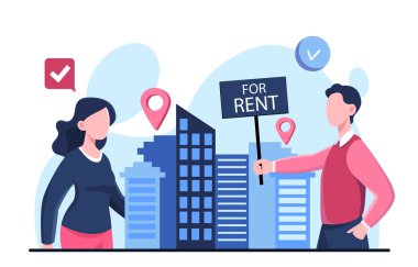 Emlakçı. Erkek ve kadın binaları değerlendirir. Yatırım ve ticaret. Özel mülkle uğraşıyor. İpotek ve kira. İnsanlar daire satın alıyor. Düz vektör illüstrasyonu