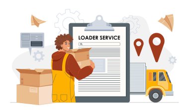 Yükleyici servis konsepti. Kamyon ve listenin yanında elinde karton kutu olan üniformalı bir adam. Ulaşım ve nakliye, lojistik. Depo işçisi. Düz vektör illüstrasyonu