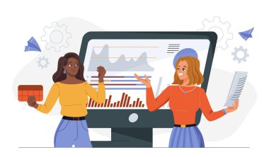 Olgunluk aşaması devrede. Kadınlar ellerinde grafik ve çizelgelerle bilgisayar ekranının yanında duruyor. Zaman çerçevesi gösterimi. İş analizi. Danışman ve analist. Düz vektör illüstrasyonu