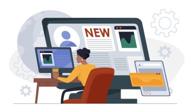 Kadın yeni siteler geliştiriyor. Genç kız bilgisayarın başına oturur ve internette sayfalar yaratır. Serbest çalışan ya da uzaktan çalışan internet üzerinden para kazanıyor. Programcı web siteleri oluşturur. Düz vektör illüstrasyonu