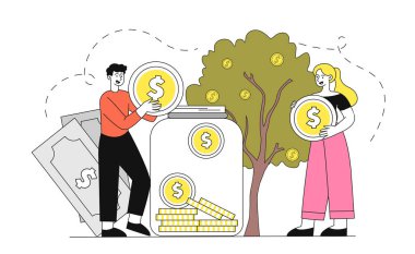 Para biriktirme konsepti. Kavanozun yanında altın paraları olan kadın ve erkek. Bütçe ve muhasebe. Finansal okuryazarlık ve pasif gelir. Tasarruf ve emekli maaşı. Doğrusal vektör çizimi