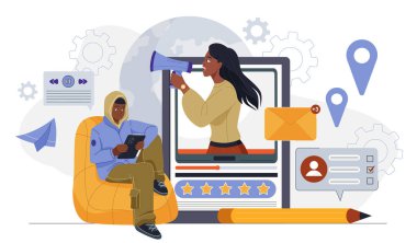 Olumlu halkla ilişkiler. Tabletli bir adam hoparlörlü bir kadına bakıyor. Kurumsal pazarlama ve tanıtım. İş medyası stratejisi. Düz vektör illüstrasyonu