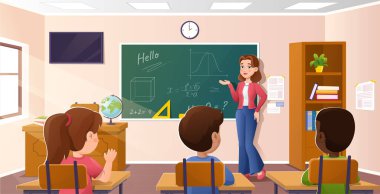 Öğretmen okul dersini yönetir. Tebeşir tahtasındaki kadın erkek ve kıza ders veriyor. Eğitim ve eğitim. Anaokulu öğrencileri için matematik dersi. Çizgi film vektör illüstrasyonu