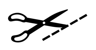 Makas kesme simgesi. Noktalı çizgileri kesen makas silueti. Kırtasiye, okul ya da ofis malzemeleri. Evrak işleri için bir araç. Web sitesi için grafik ögesi. Düz vektör illüstrasyonu