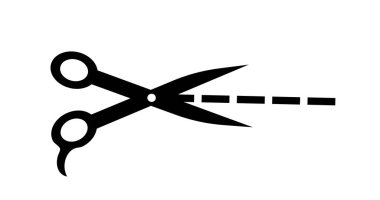 Makas kesme simgesi. Noktalı çizgileri kesen makas silueti. Berber ya da kuaför ekipmanları. UI ve UX tasarımı. Web sitesi için grafik ögesi. Düz vektör illüstrasyonu