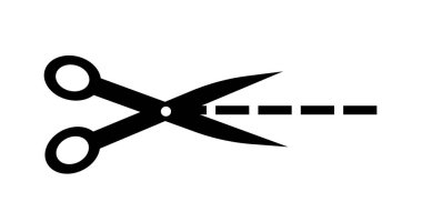 Makas kesme simgesi. Paslanmaz makas silueti noktalı çizgileri kesiyor. Web sitesi için navigasyon. Kağıtlar ve ürün ambalajları için etiket. Kes ve kes. Düz vektör illüstrasyonu