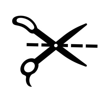 Makas kesme simgesi. Paslanmaz makas silueti noktalı çizgileri kesiyor. Okul, ofis malzemeleri, kırtasiye malzemeleri. Web sitesi için arayüz elemanı. Düz vektör illüstrasyonu