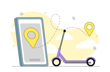 Scooter haritada. GPS 'li akıllı telefonun yakınına nakledilecek. İnternetten alışveriş ve ev teslimatı. Ulaşım ve lojistik, nakliye. Haritadaki kurye. Doğrusal vektör çizimi