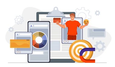 Sosyal medya içeriği. Mıknatısın yanında emojisi olan adam. İçerik yaratan ve etkileyen. Yetenekli yazar ya da blogcu. İnternette reklam ve pazarlama. Düz vektör illüstrasyonu