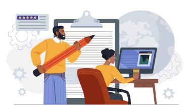 Yumuşak beceriler. Erkek ve kadın ortak bir proje üzerinde çalışıyor. Empati ve kapasite. İşbirliği ve işbirliği, takım çalışması. İş arkadaşları ve ortaklar. Düz vektör illüstrasyonu