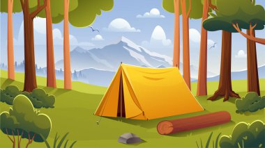 Gündüz kampı manzarası. Ormandaki sarı çadır. Ağaçların ve çalıların yanında bir barınak. Yürüyüş, kamp, yürüyüş. Seyahat ve seyahat. Çok güzel doğal bir manzara. Çizgi film vektör illüstrasyonu