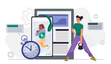 Evde kadın eğitimi. Kettlebell 'li genç bir kız, spor hocasıyla birlikte akıllı telefonun yanında. Aktif yaşam tarzı ve spor. Egzersiz, antrenman, fiziksel aktivite. Düz vektör illüstrasyonu