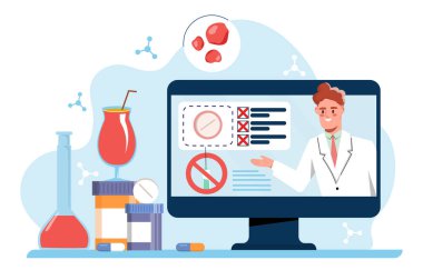Bilgisayar ekranındaki bir doktor ilaç, şişe ve içki ile çevrili, hafif arka planda yassı bir şekilde tıbbi riskleri açıklar. Çevrimiçi tıbbi tavsiye kavramı. Vektör illüstrasyonu