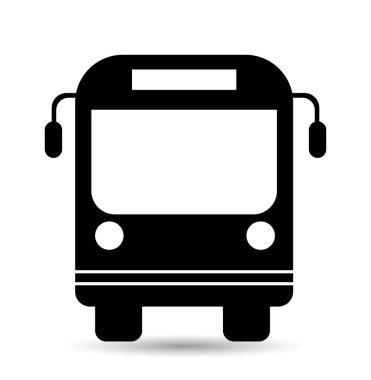 Önden gelen bir otobüsün siyah silueti, şehir ulaşımını ve günlük ulaşımı temsil ediyor. Minimalist vektör çizimi beyaz arkaplanda izole edildi