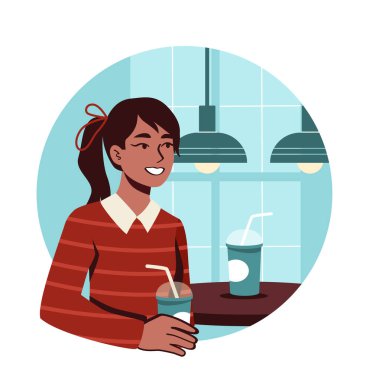 Çizgili süveter giyen, modern ışıkları ve geniş pencereleri olan rahat bir kafede içki içen gülen kız, sıradan bir atmosfer kavramı. Vektör illüstrasyonu