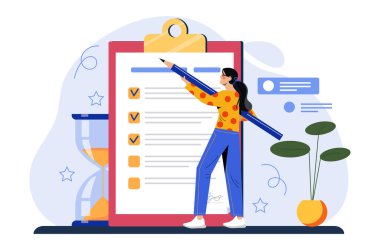 Elinde kocaman kalem işaretleri olan bir kadın beyaz arka planda düz stil, kontrol listesi olan büyük bir panoda işaretli kutular tutuyor. Verimlilik ve planlama kavramı. Vektör illüstrasyonu