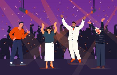 Konfeti, sahne ışıkları, düz grafik tarzı, mor arka planı olan bir partide çeşitli insanlar mutlu bir şekilde dans ediyor. Kutlama ve eğlence anlayışı. Vektör illüstrasyonu