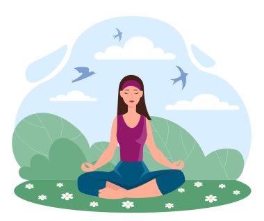 Nilüfer çiçekleri ile otların üzerinde oturmuş, güneşli bir gökyüzü altında ağaçlar ve uçan kuşlar tarafından çevrelenmiş, huzurlu doğa ve farkındalık kavramı altında meditasyon yapan bir kadın. Vektör illüstrasyonu