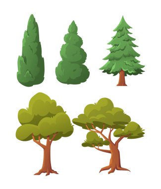 Çizgi film tarzı yeşil ağaçlar, farklı şekillerde kozalaklı ve yapraklı ağaçlar. Doğa ve manzara kavramı. Düz vektör çizimleri beyaz arkaplanda izole edildi