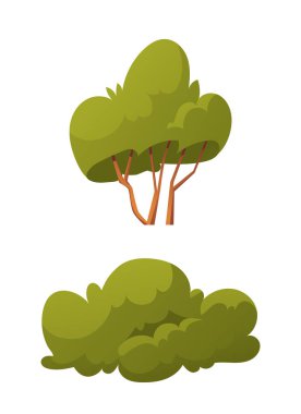 Kahverengi gövdeli çizgi film tarzı yeşil ağaç ve beyaz arka planda yapraklı çalı. Doğa kavramı, orman elementleri, peyzaj tasarımı. Düz vektör çizimi beyaz arkaplanda izole edildi