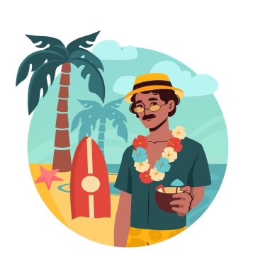 Elinde palmiye ağaçları, sörf tahtaları ve arkasında okyanus olan tropik bir plajda duran çiçek kolyesi ve şapka takan bir adam. Vektör illüstrasyonu