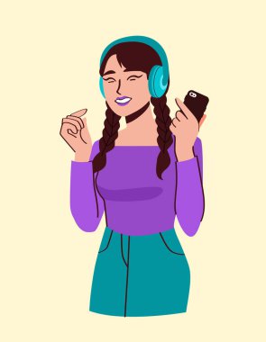 Örgülü, kulaklık takan, elinde akıllı telefon tutan, müzik dinlerken gülümseyen, arka planda düz bir tarzı olan genç bir kız. Ses zevki kavramı. Vektör illüstrasyonu