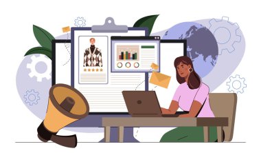 Dijital çizelgeler, profil, megafon ve zarf içeren dizüstü bilgisayarını kullanan bir kadın, soyut arka planda küre ve dişlilerle birlikte. Online pazarlama kavramı. Vektör illüstrasyonu