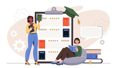 İki öğrenci yıldızlı büyük bir panonun yanında kitap okuyor ve notlandırıyor, beyaz arka planda düz grafik tarzında kitaplar ve viteslerle çevrili. Eğitim konsepti. Vektör illüstrasyonu