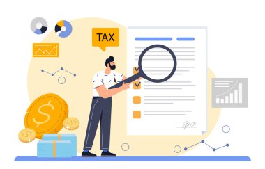 Finansal tablolar ve para sembolleriyle çevrili, büyüteçle vergi belgelerini inceleyen adam soyut bir arkaplanda. Vergi denetimi kavramı. Vektör illüstrasyonu