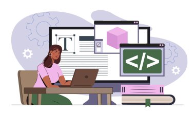 Dizüstü bilgisayarda çalışan, ekranda kodlama ve tasarım pencereleri olan, düz grafik tarzı, soyut arkaplan, web geliştirme konsepti olan kadın karakter. Vektör illüstrasyonu
